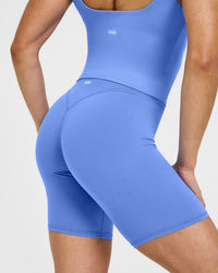 SoftMotion™ Cycling Shorts 8" with White Logo | Glaucous Blue