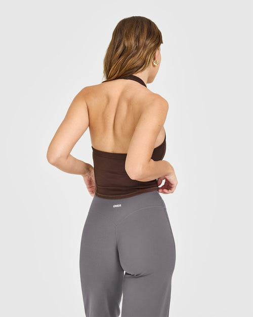 Mellow™ Rib Halter Neck Mid Vest with Built in Bra Shelf | Copper Brown