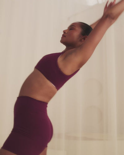 SoftMotion™ Scoop Back Bralette with Grey Logo | Cherry Lacquer Purple