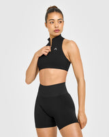 EasyLift™ Zip High Neck Sports Bra with White Logo | Black
