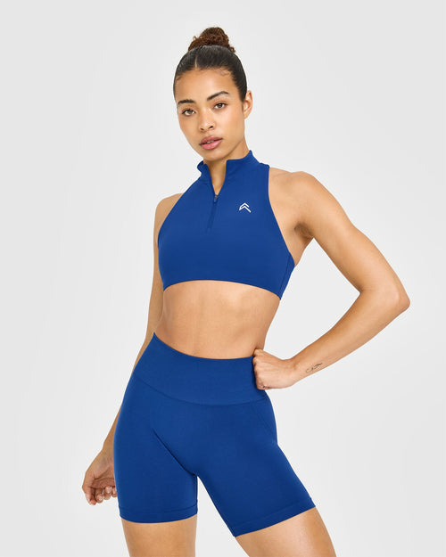 Oner Modal EasyLift™ Zip High Neck Sports Bra with White Logo | Vintage Navy