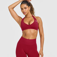 Effortless Seamless Halter Neck Sports Bra with White Logo | Claret Red