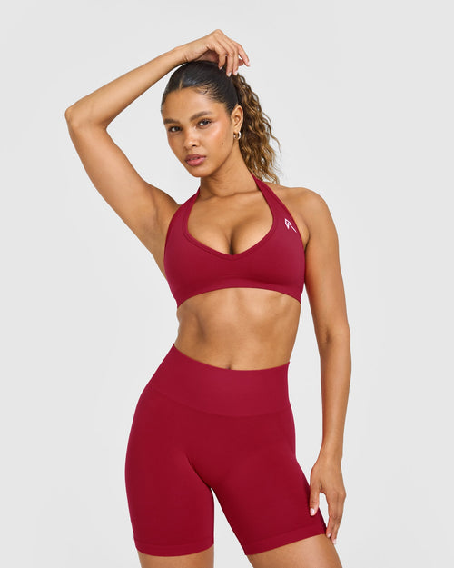 Oner Modal Effortless Seamless Halter Neck Sports Bra with White Logo | Claret Red