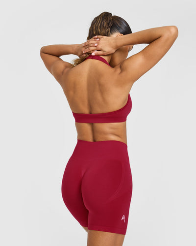 Effortless Seamless Halter Neck Sports Bra with White Logo | Claret Red