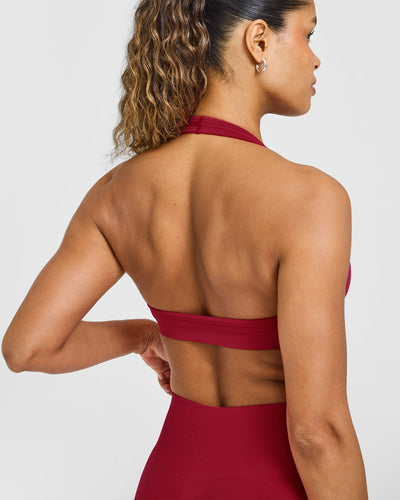 Effortless Seamless Halter Neck Sports Bra with White Logo | Claret Red