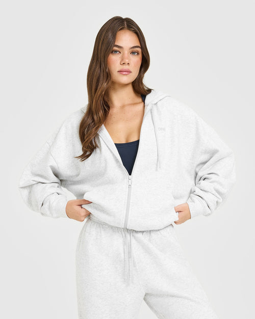 Oner Modal Mid Weight Relaxed Zip Through Hoodie | Light Grey Marl