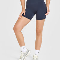 SoftMotion™ High Waisted Shorts 6" with White Logo | True Blue