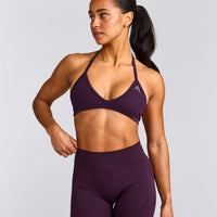 EnhanceLift™ Seamless Minimal Halter Neck Bralette with Grey Logo | Blackberry Purple