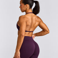 EnhanceLift™ Seamless Minimal Halter Neck Bralette with Grey Logo | Blackberry Purple