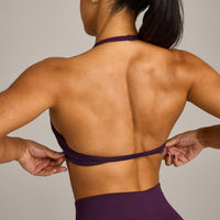 EnhanceLift™ Seamless Minimal Halter Neck Bralette with Grey Logo | Blackberry Purple