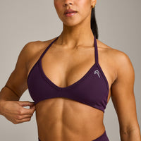 EnhanceLift™ Seamless Minimal Halter Neck Bralette with Grey Logo | Blackberry Purple