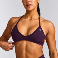EnhanceLift™ Seamless Minimal Halter Neck Bralette with Grey Logo | Blackberry Purple