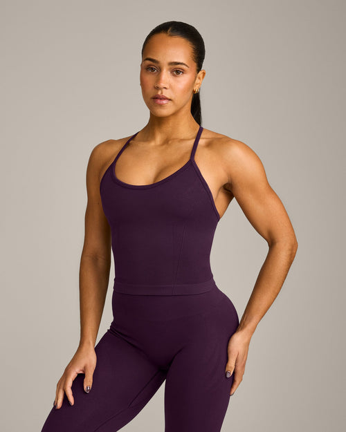 EnhanceLift™ Seamless Strappy Racer Vest with Built in Bra Shelf with Grey Logo | Light Blackberry Purple