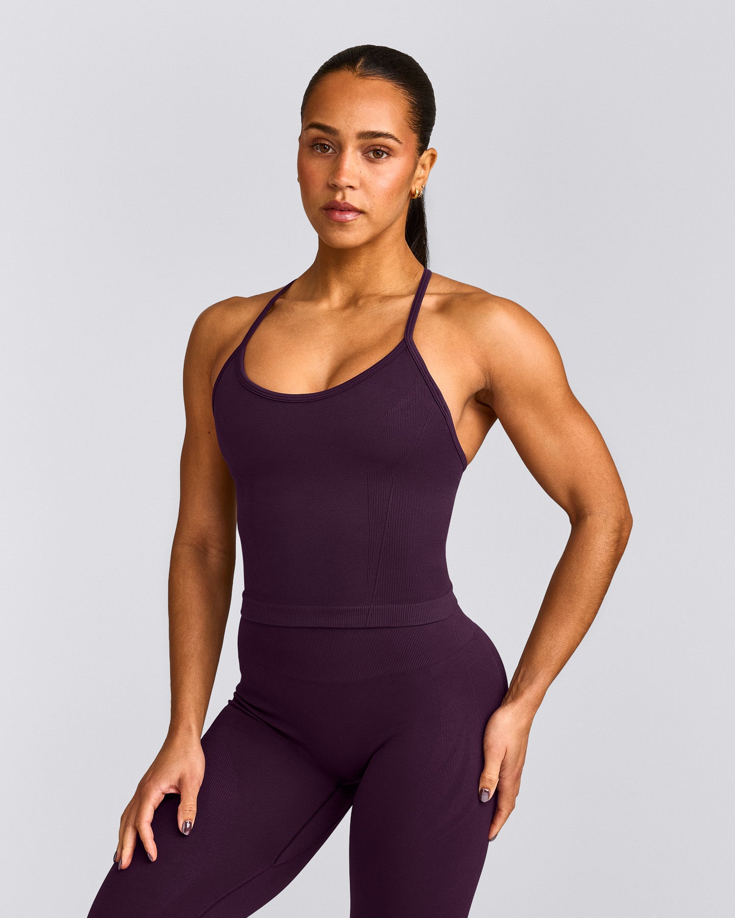 EnhanceLift™ Seamless Strappy Racer Vest with Built in Bra Shelf with Grey Logo | Blackberry Purple
