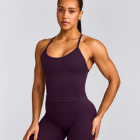 EnhanceLift™ Seamless Strappy Racer Vest with Built in Bra Shelf with Grey Logo | Blackberry Purple