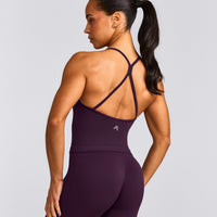 EnhanceLift™ Seamless Strappy Racer Vest with Built in Bra Shelf with Grey Logo | Blackberry Purple