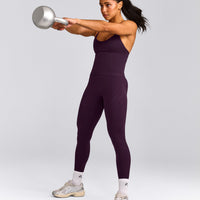 EnhanceLift™ Seamless Strappy Racer Vest with Built in Bra Shelf with Grey Logo | Blackberry Purple