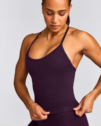 EnhanceLift™ Seamless Strappy Racer Vest with Built in Bra Shelf with Grey Logo | Blackberry Purple