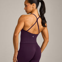 EnhanceLift™ Seamless Strappy Racer Vest with Built in Bra Shelf with Grey Logo | Light Blackberry Purple