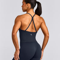 EnhanceLift™ Seamless Strappy Racer Tank Top with Built in Bra Shelf with Grey Logo | True Blue