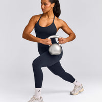 EnhanceLift™ Seamless Strappy Racer Tank Top with Built in Bra Shelf with Grey Logo | True Blue