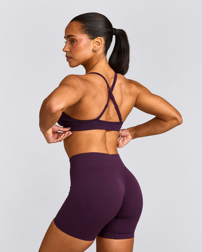EnhanceLift™ Seamless Strappy Sports Bra with Grey Logo | Blackberry Purple