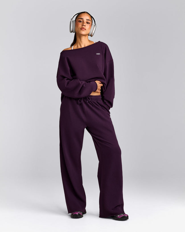 Cotton Vintage Lounge Wide Leg Joggers | Washed Blackberry Purple