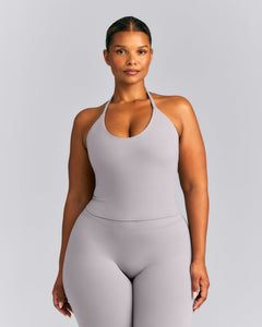 SoftMotion™ Strappy Halter Neck Mid Tank Top with Built in Bra Shelf New Branding | Zinc Grey