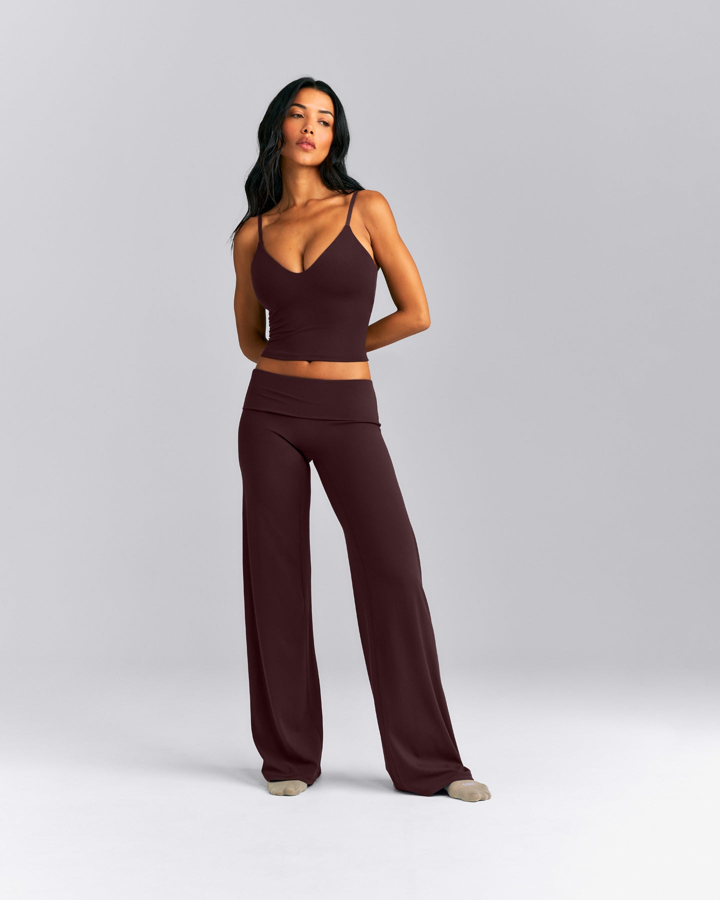 SoftMotion™ Adjustable V Neck Mid Tank Top with Built in Bra Shelf New Branding | Plum Brown
