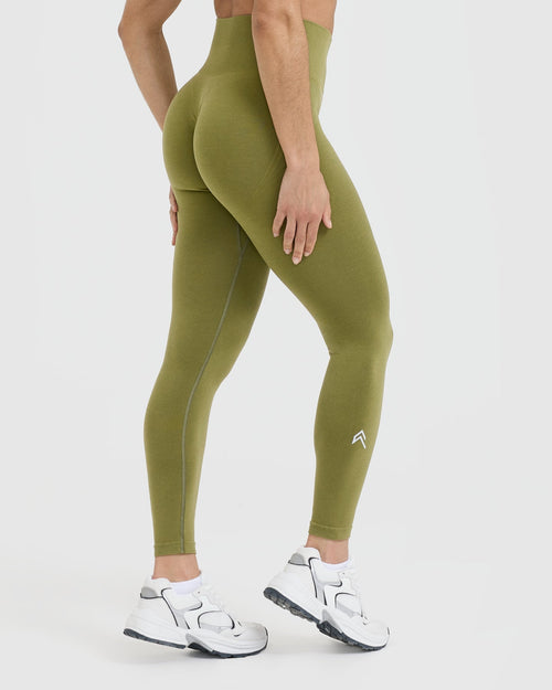 Effortless Seamless Leggings with White Logo | Olive Green