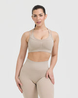 Effortless Seamless Layered Sports Bra with White Logo | Mushroom Brown