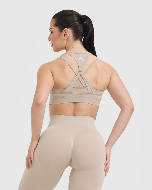 Effortless Seamless Layered Sports Bra with White Logo | Mushroom Brown