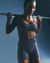 EffortlessLift™ Seamless Mid Rise Shorts with Grey Logo | Light Granite Blue