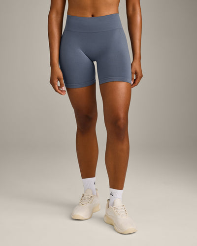 EffortlessLift™ Seamless Mid Rise Shorts with Grey Logo | Light Granite Blue