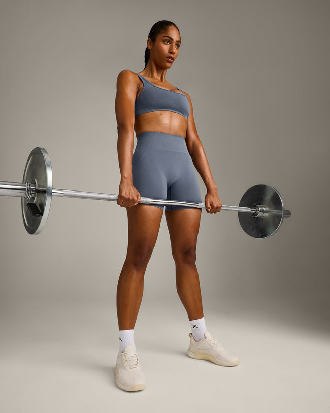 EffortlessLift™ Seamless Shorts with Grey Logo | Light Granite Blue