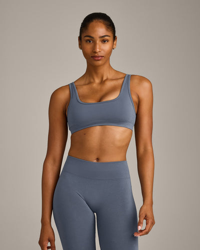 EffortlessLift™ Square Neck Sports Bra with Grey Logo | Light Granite Blue