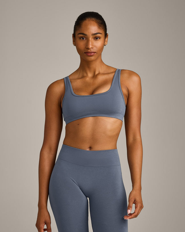 EffortlessLift™ Square Neck Sports Bra with Grey Logo | Light Granite Blue