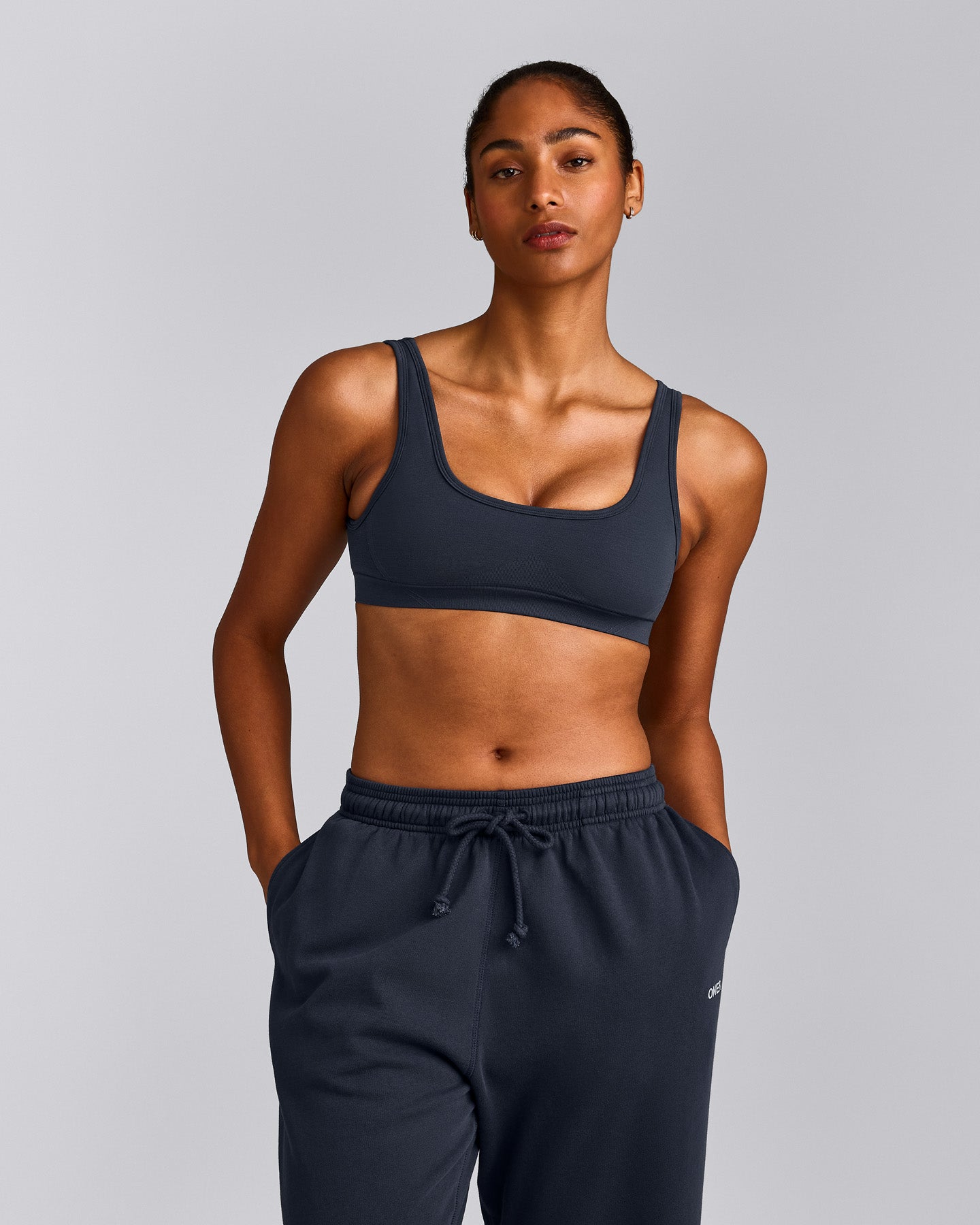 EffortlessLift™ Square Neck Sports Bra with Grey Logo | True Blue