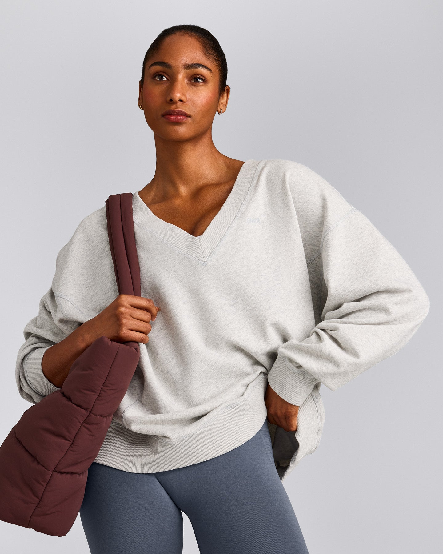Cotton Vintage Lounge V Neck Sweatshirt | Light Grey Marl