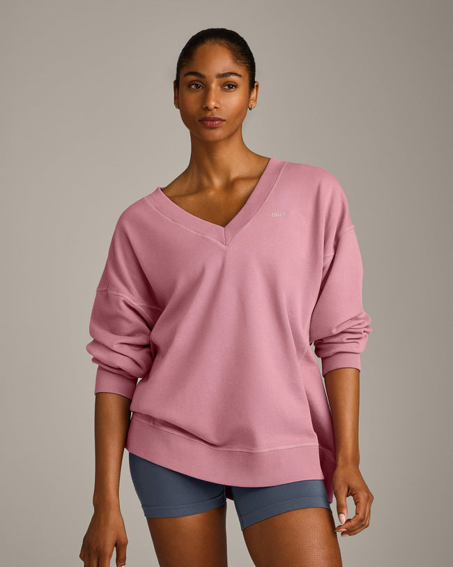 Cotton Vintage Lounge V Neck Sweatshirt | Orchid Haze