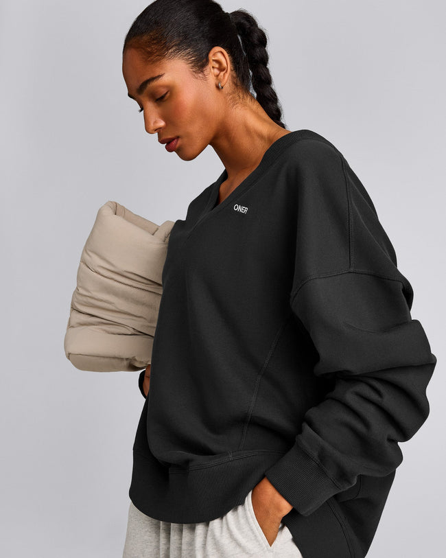 Cotton Vintage Lounge V Neck Sweatshirt | Washed Black