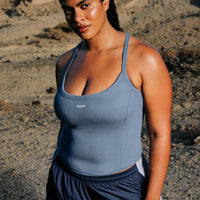 Mellow™ Rib Racer Back Mid Vest with Built in Bra Shelf | Granite Blue
