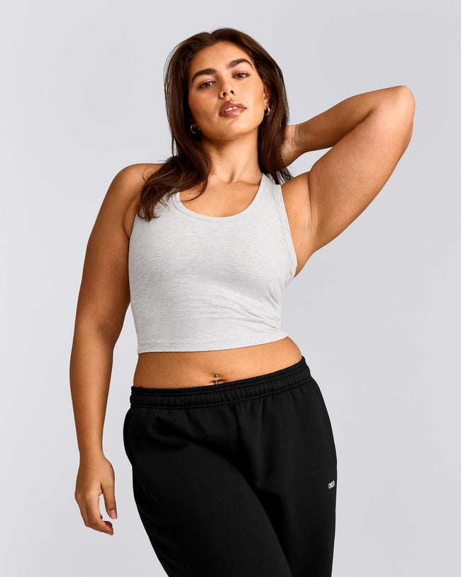 Cotton Fitted Mid Tank Top with Grey Logo | Light Grey Marl