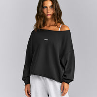 Cotton Vintage Lounge Off-The-Shoulder Sweatshirt | Washed Black