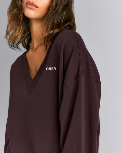 Cotton Vintage Lounge V Neck Sweatshirt | Washed Plum Brown