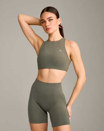 EasyLift™ High Neck Sports Bra with Grey Logo | Alpine Green