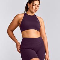 EasyLift™ High Neck Sports Bra with Grey Logo | Blackberry Purple