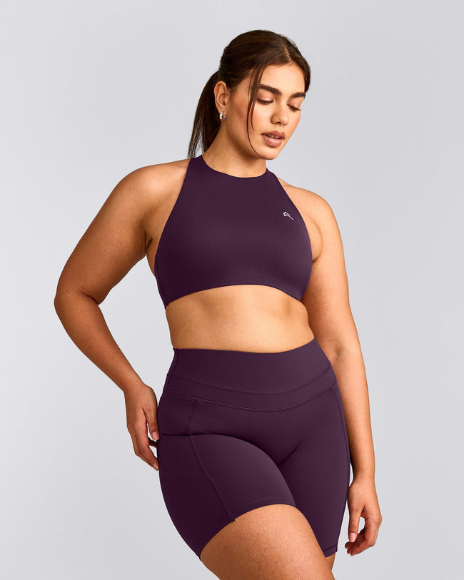EasyLift™ High Neck Sports Bra with Grey Logo | Blackberry Purple