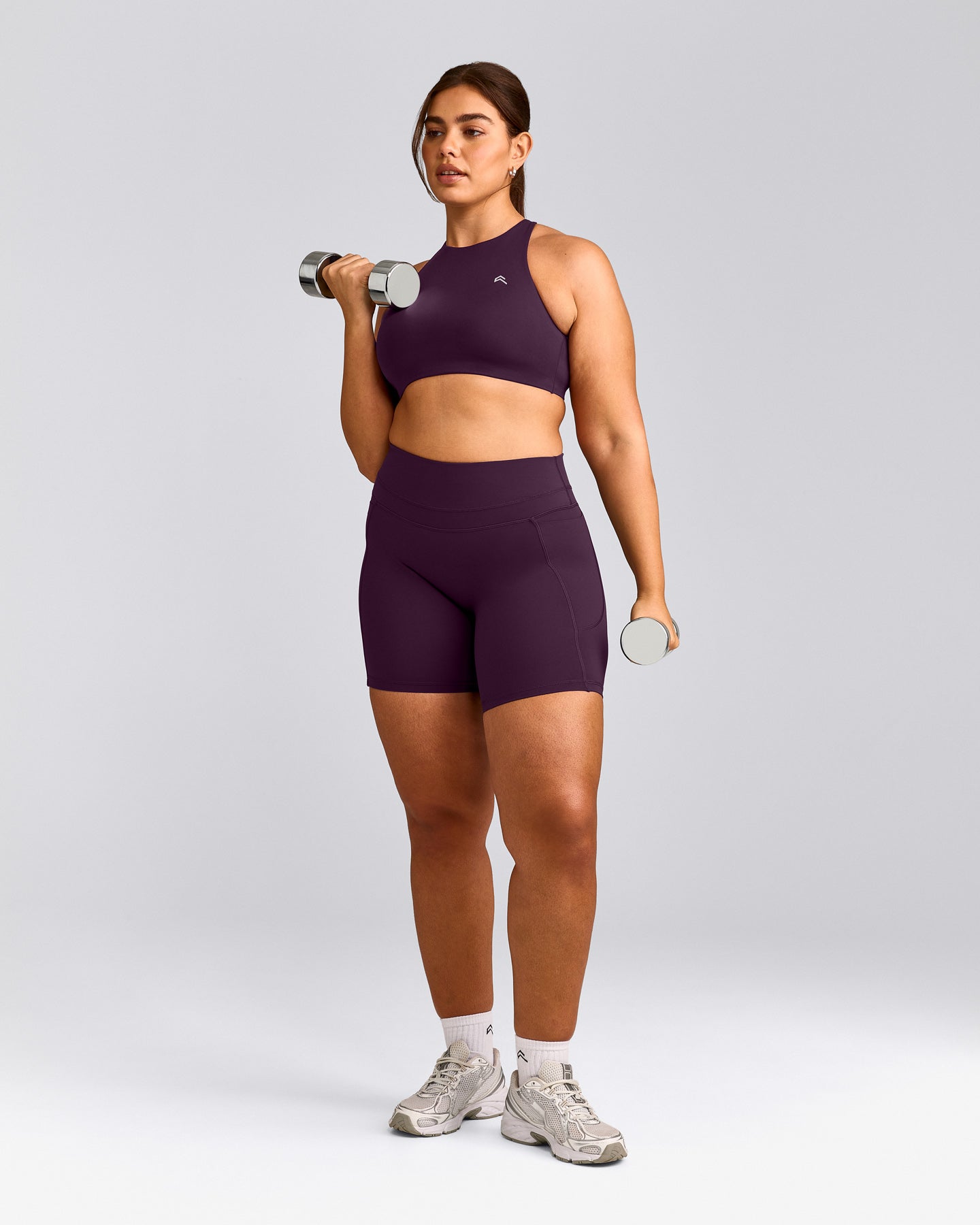 EasyLift™ High Neck Sports Bra with Grey Logo | Blackberry Purple