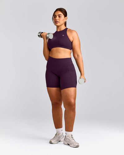 EasyLift™ High Neck Sports Bra with Grey Logo | Blackberry Purple